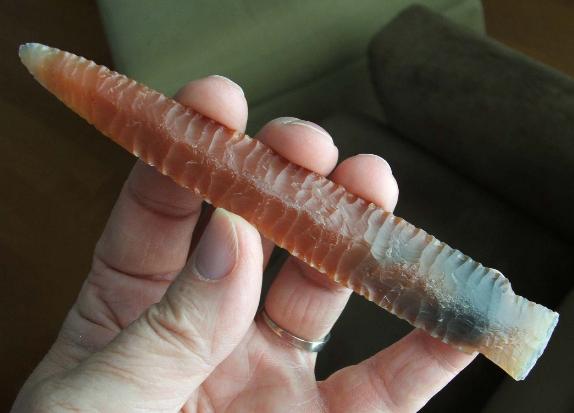Scottsbluff style lance point made in 2005 A.D. of heat treated agate.