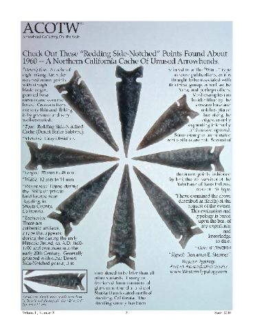 ACOTW--Vol2-Num3--March 2010--Arrowhead Collecting On The Web--obsidian Redding Side Notched arrowheads from California -- Ben Stermer Certificate of Authenticity
